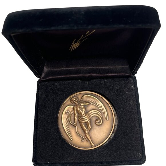 Bronze Angel Medal In Velvet Case With Detailed Design Round Keepsake 2 Inches - Picture 1 of 5